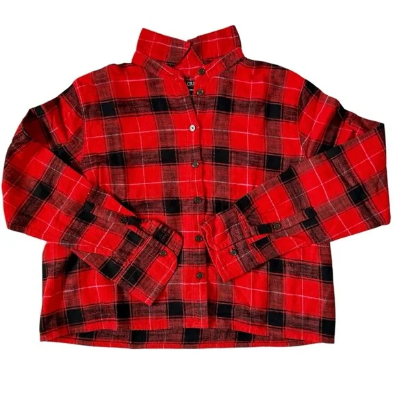 J.Crew Cropped Garçon Plaid Flannel Shirt 6 Black Red Like New - Picture 2 of 7
